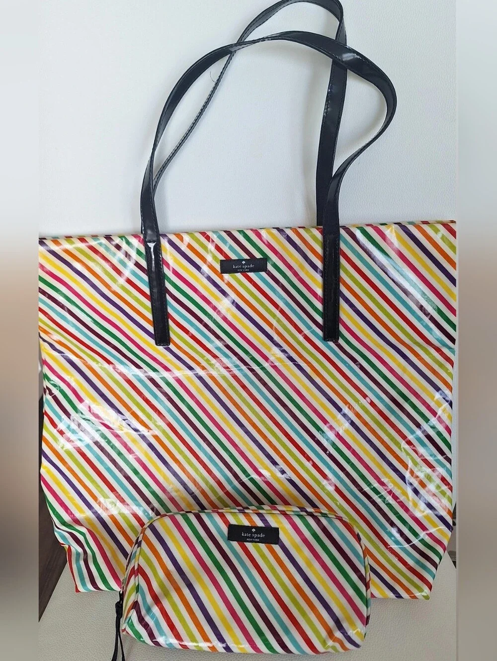 Kate Spade Rainbow Shopper Tote & Matching Pouch EUC